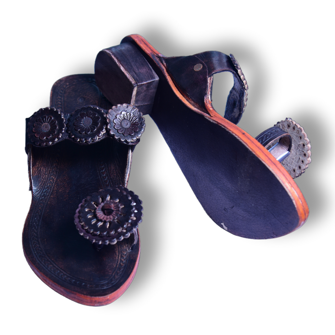 KOLHAPURI CHAPPAL, Kolhapuri Three Flowers Patta Ladies Leather Footwear, Black Colour Pack Of 1