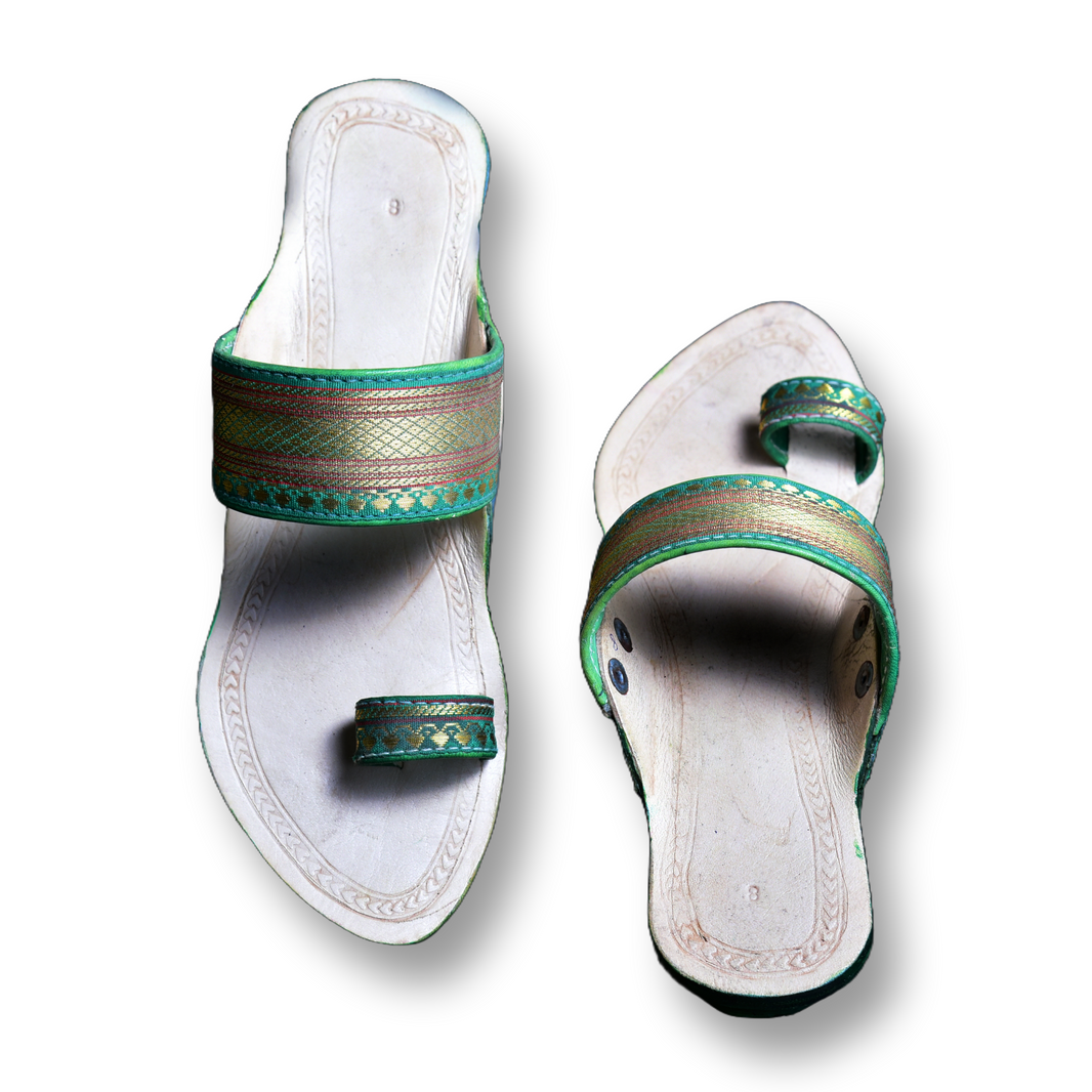 KOLHAPURI CHAPPAL, Kolhapuri Paithani Ladies Leather Footwear, Green White Colour Pack Of 1