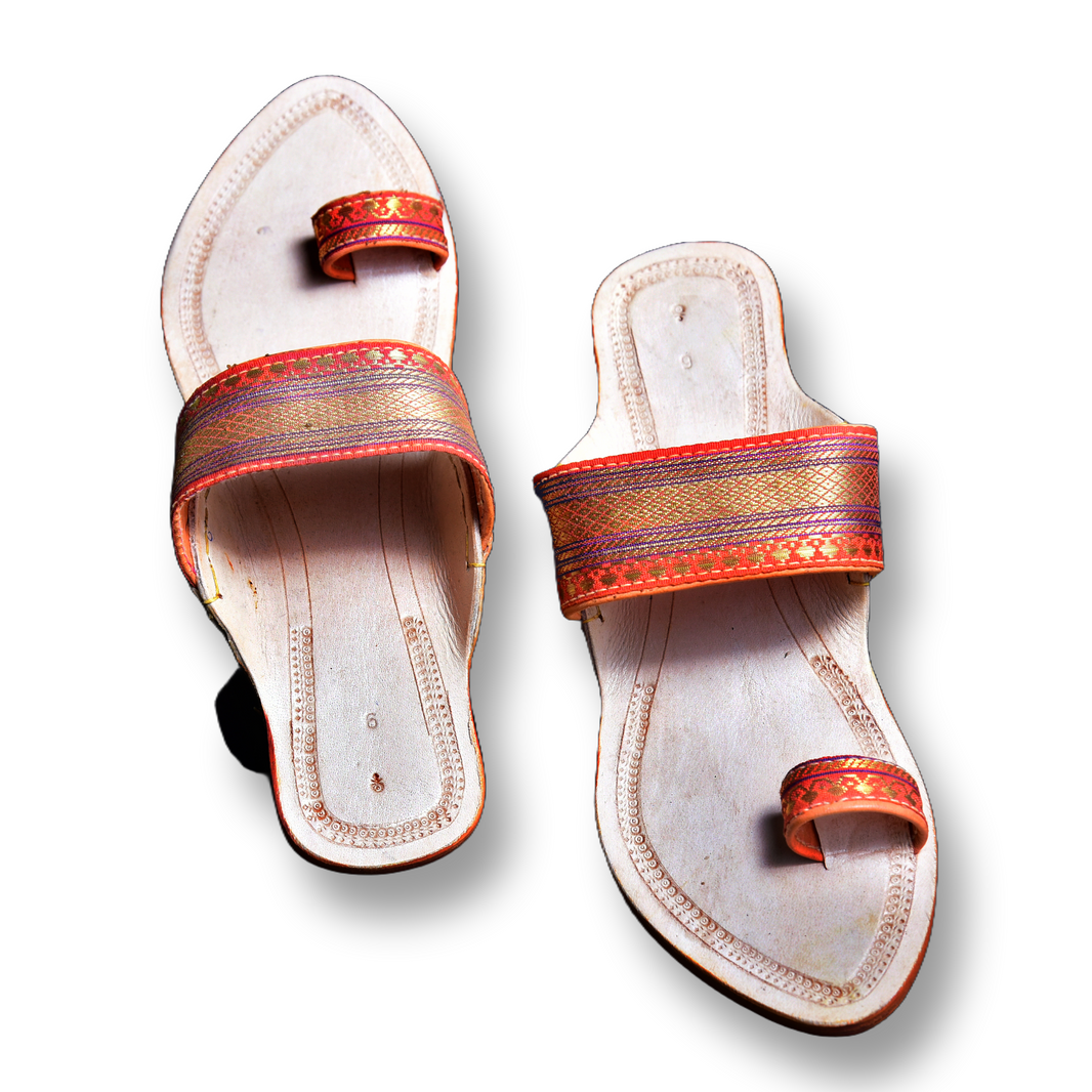 KOLHAPURI CHAPPAL, Kolhapuri Paithani Ladies Leather Footwear, Orange White Colour Pack Of 1