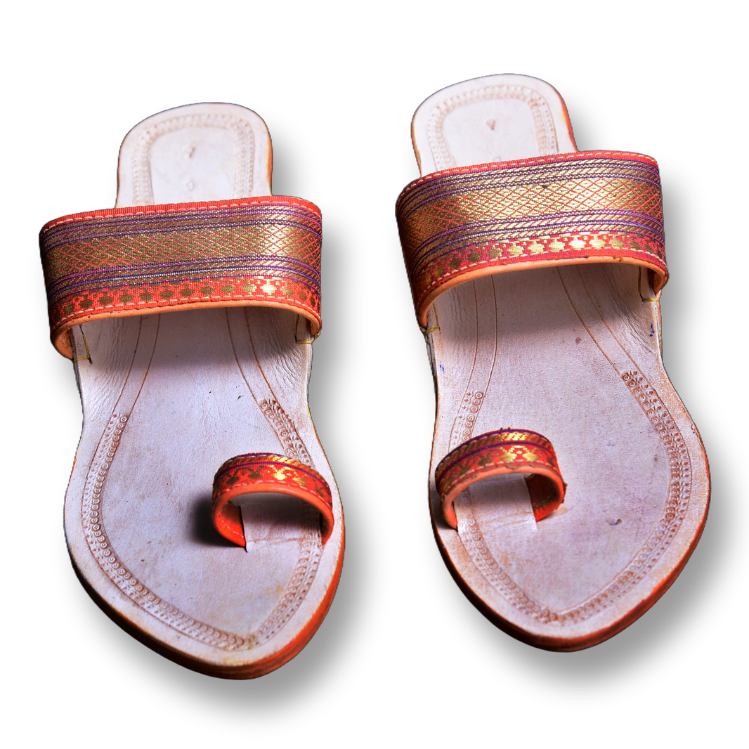 KOLHAPURI CHAPPAL, Kolhapuri Paithani Ladies Leather Footwear, Orange White Colour Pack Of 1