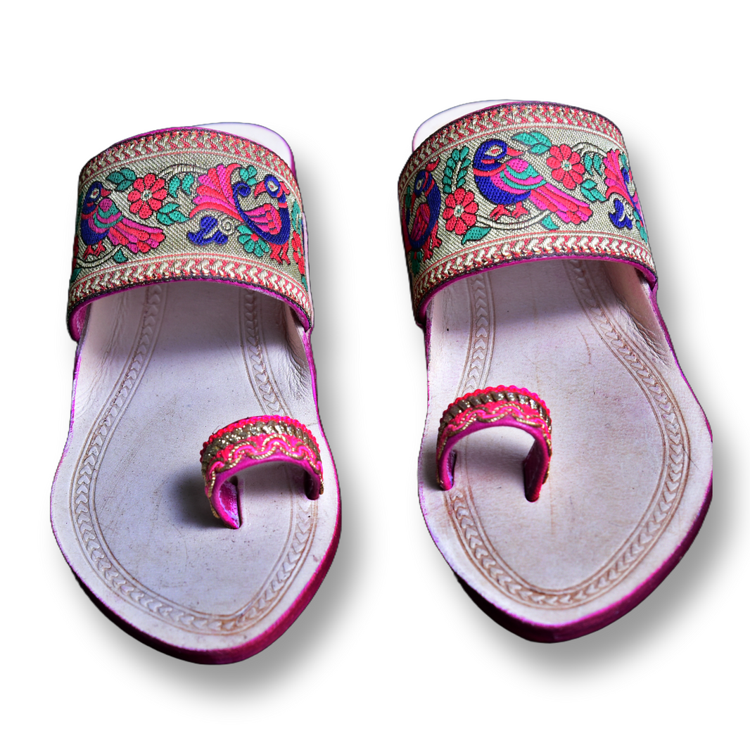 KOLHAPURI CHAPPAL, Kolhapuri Morani Paithani Ladies Leather Footwear, Pink White Colour Pack Of 1