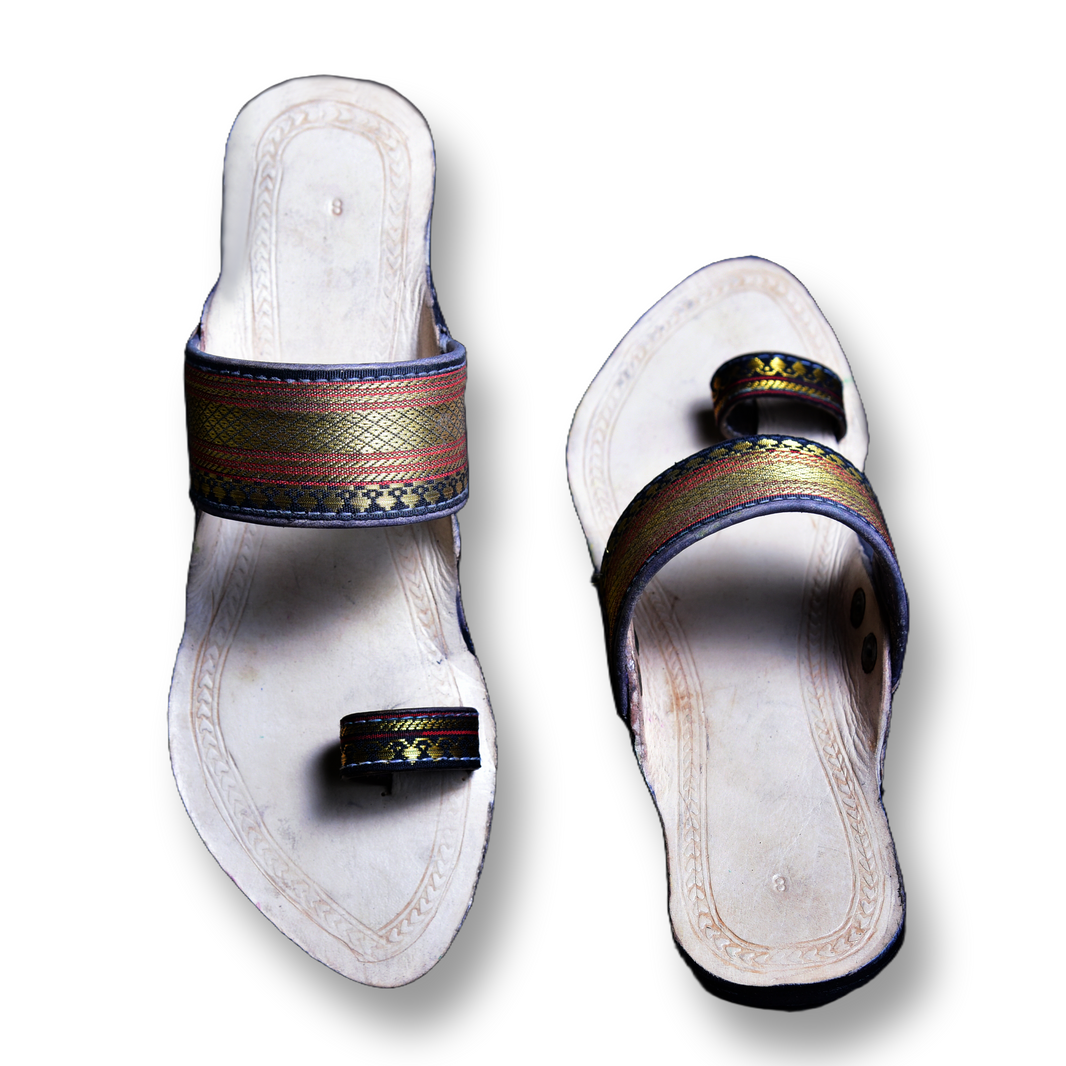 KOLHAPURI CHAPPAL, Kolhapuri Paithani Ladies Leather Footwear, Black White Colour Pack Of 1