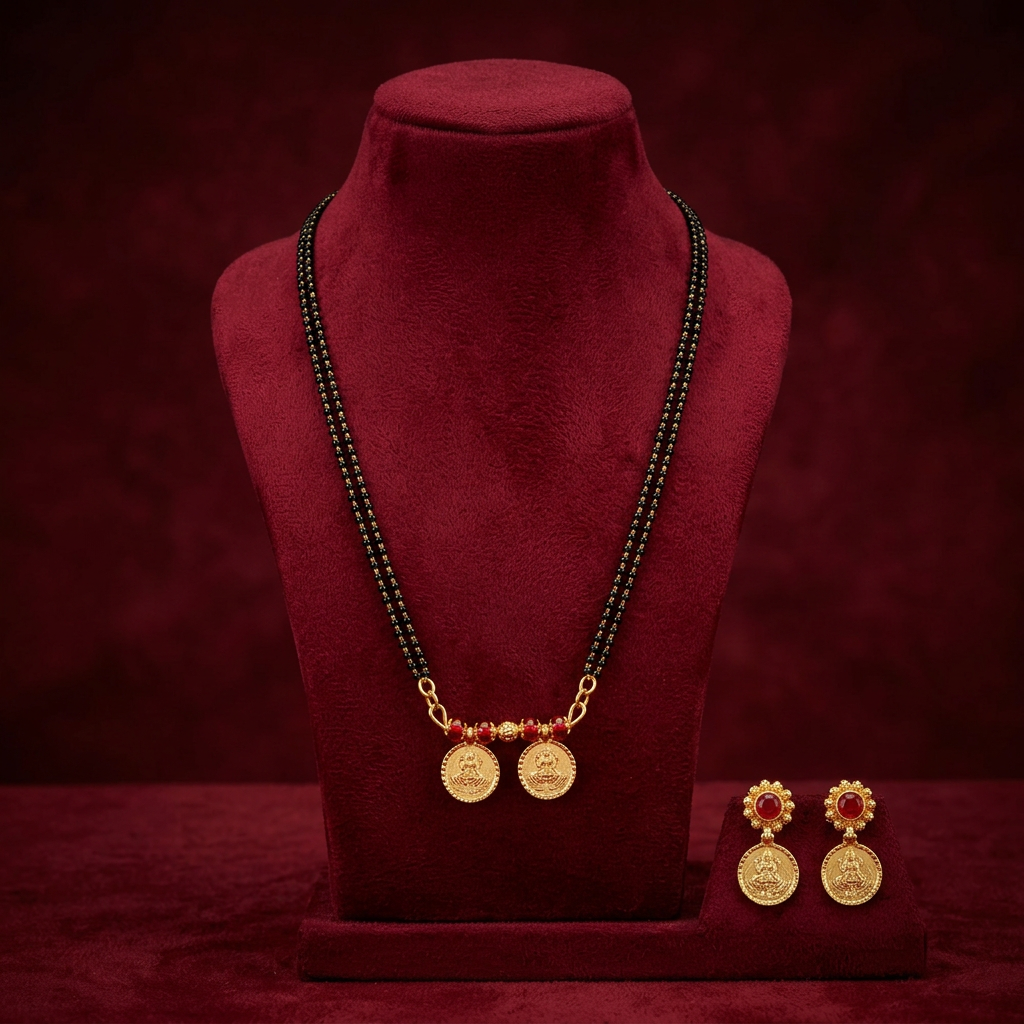 MARATHMOLA SAJ Long Double Lakshmi Coin Set Pack Of 1 Set Traditional Handcrafted Maharashtrian Double Coin Mangalsutra Necklace Matching Earrings 36 Inch Heritage Jewellery