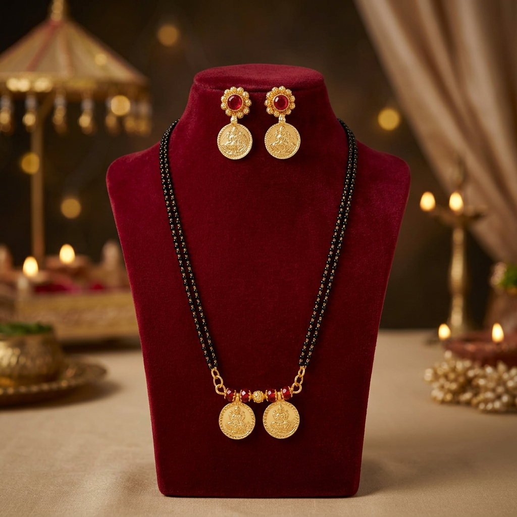 MARATHMOLA SAJ Long Double Lakshmi Coin Set Pack Of 1 Set Traditional Handcrafted Maharashtrian Double Coin Mangalsutra Necklace Matching Earrings 36 Inch Heritage Jewellery