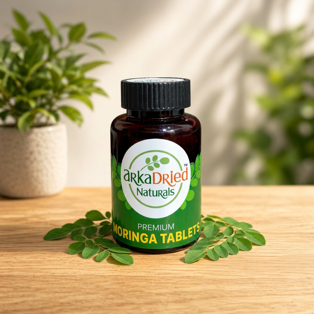 ARKA DRIED NATURALS Moringa Tablet Jar Pack Of 60 Tablets Premium Moringa Leaf Tablets Traditional Dehydrated Leaf Product Convenient Daily Food Supplement Value Added