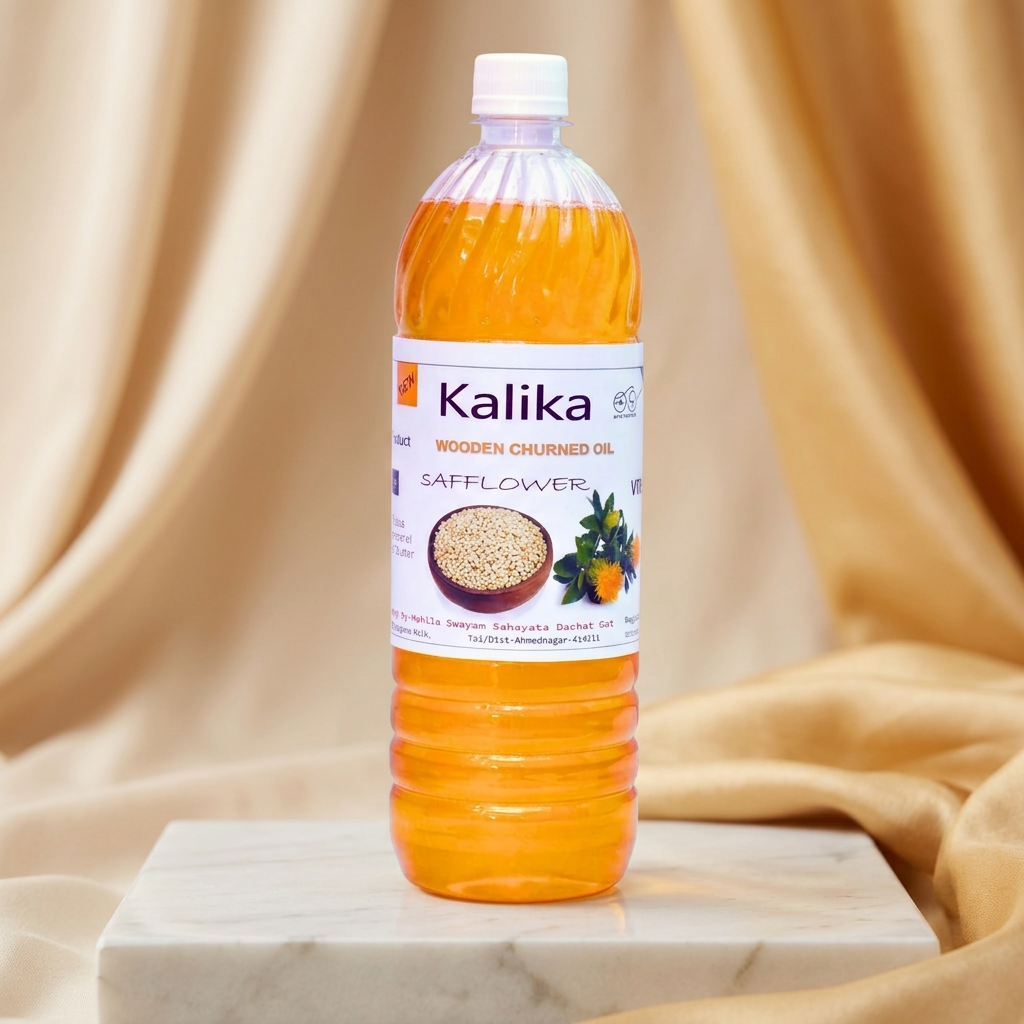 KALIKA Safflower Oil Kasturi Wooden Pressed Traditional Edible Cooking Oil for Daily Kitchen Use Light Texture Balanced Taste 500 ml pack