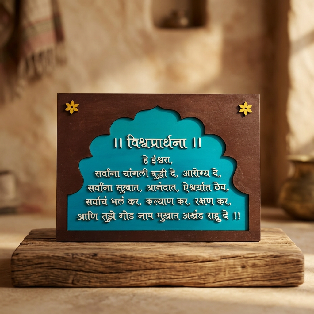 KALAWART CREATION Vishwaprarthana Wall Plaque 12x10 Inch Traditional Marathi Prayer Handcrafted Wooden Wall Décor Turquoise Brown Home Office Gift